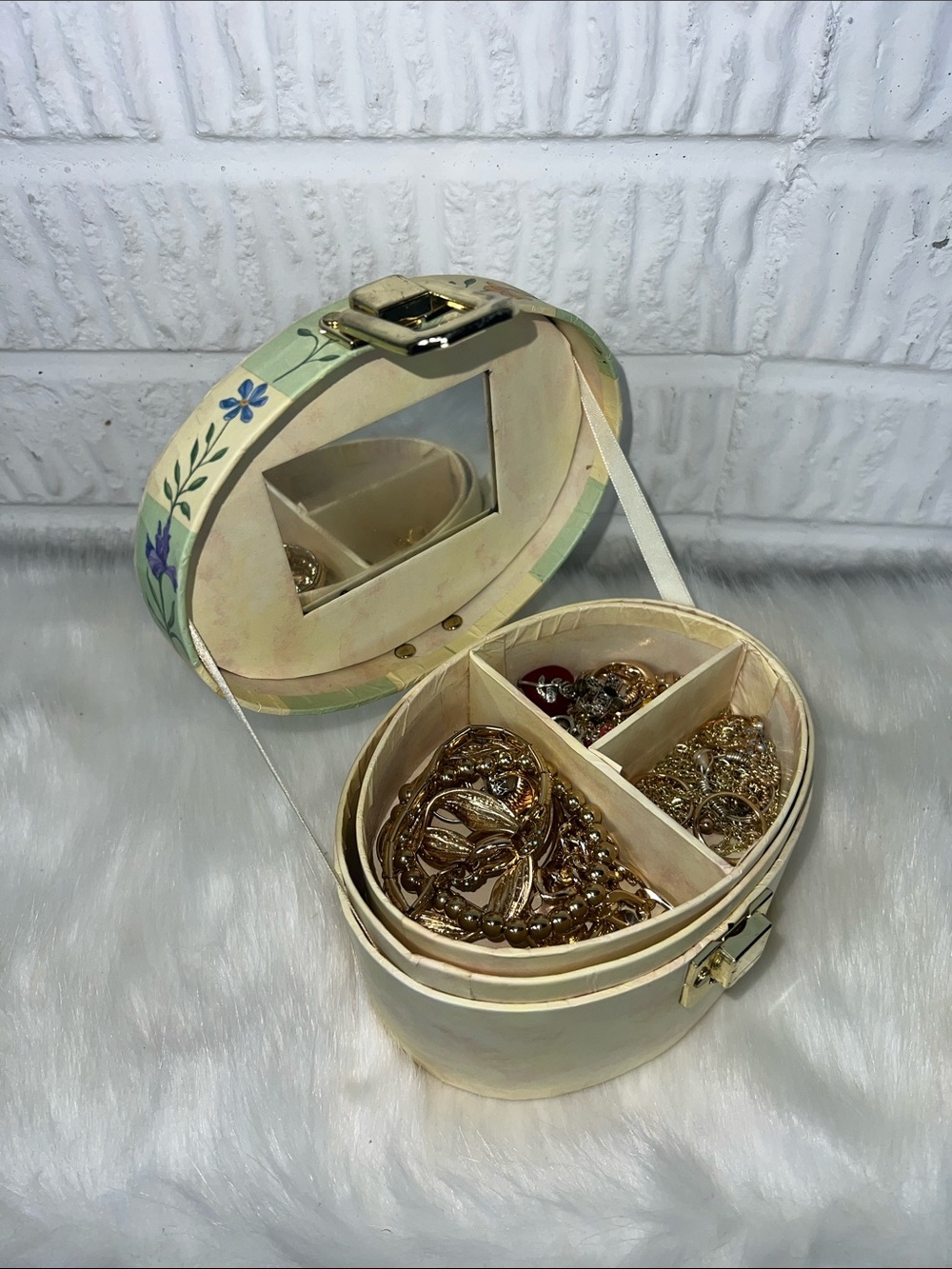 Floral Cream Round Jewelry Box with Mirror filled with mystery jewelry